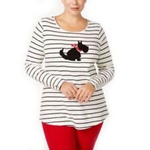 Charter Club Black & White Striped Scottie Dog Long Sleeve Holiday Top 2X 18/20